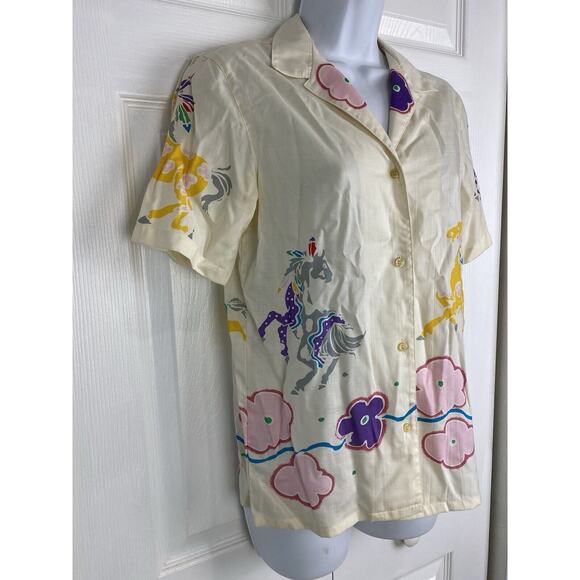 VTG Diane Von Furstenberg Colorful Horses Floral Button Down Shirt 80s - Picture 3 of 11